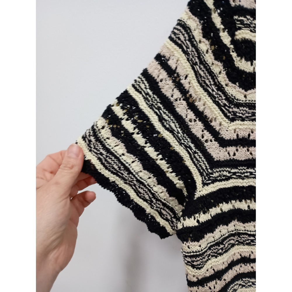 Belle Boho Kim Gravel Short Sleeve Crochet Top Women L Black Cream Striped Knit - Picture 4 of 11